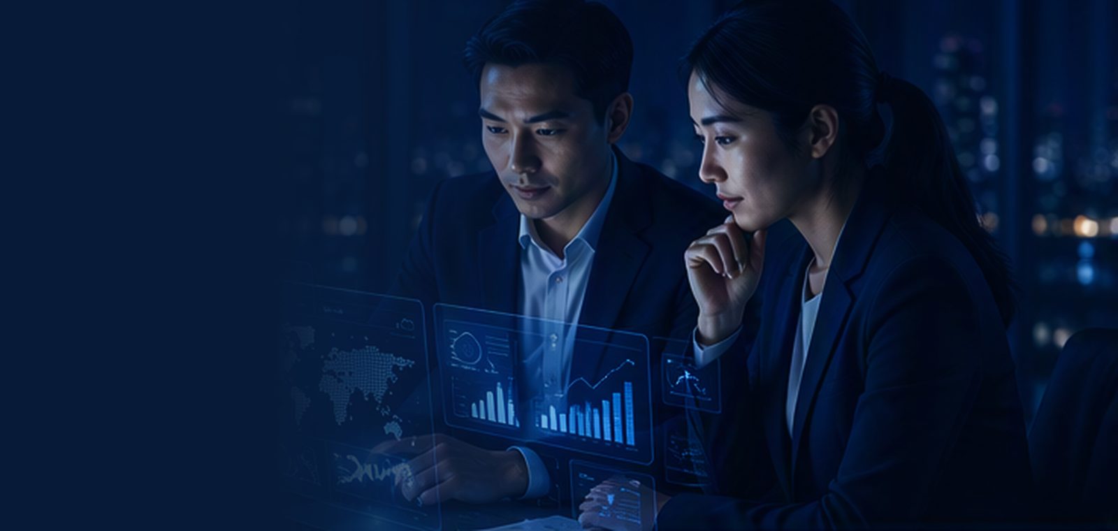 Two business professionals reviewing AI visibility dashboards at night