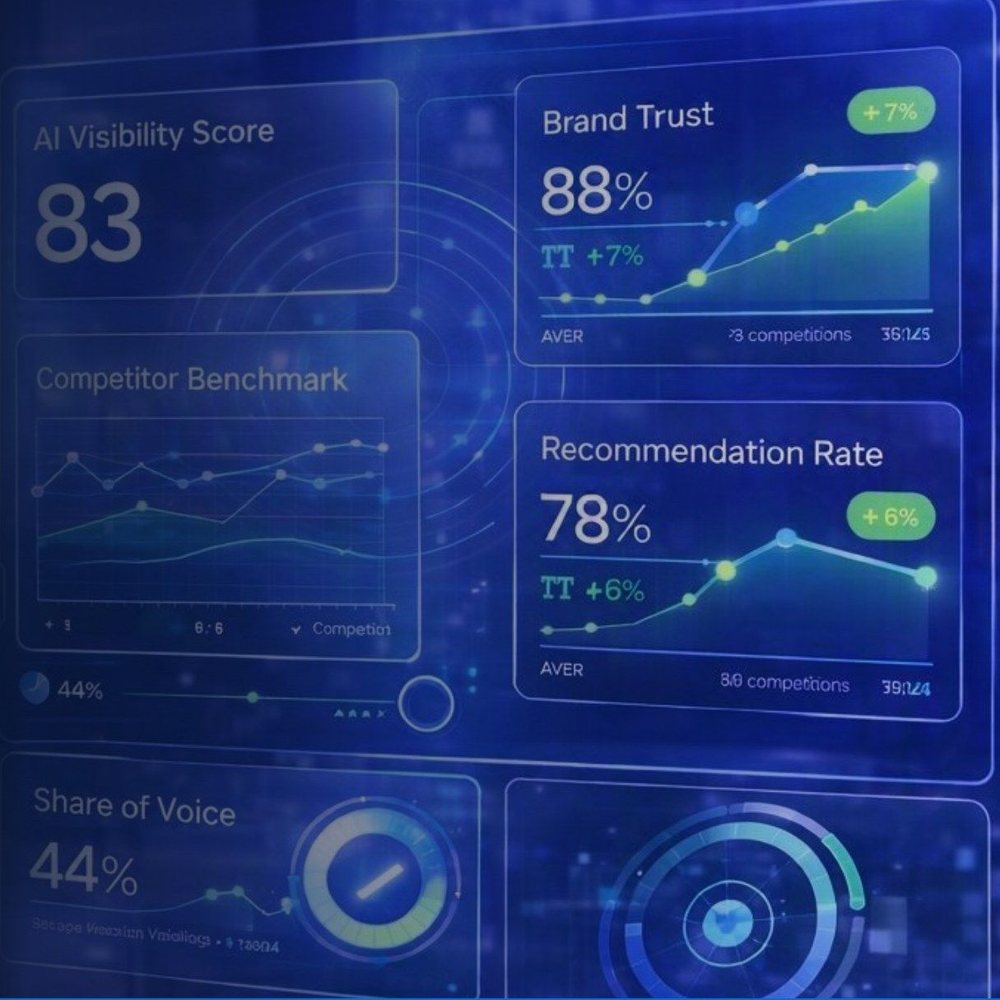 AVER Checkpoint Dashboard showing AI Visibility Score, Brand Trust, Recommendation Rate and Share of Voice